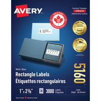 Avery White Rectangle Labels with Easy Peel, 1" x 2-5/8", for Laser/Inkjet Printer, 3000 Pack (5160)-1" x 2-5/8", White