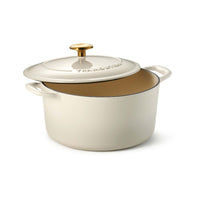 Tramontina 5.5 Qt Enameled Cast Iron Round Dutch Oven - Latte with Gold Stainless Steel Knob-Durable HT150 Alloy Construction: Built with superior heat-retaining HT150 cast iron, ensuring even cooking performance and long-lasting durability