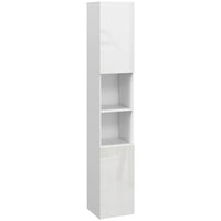Kleankin High Gloss Bathroom Cabinet with Door and Shelves - White-Open shelves and enclosed cabinet neatly arrange towels, linen and other bathroom essentials