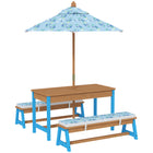 Qaba Kids Picnic Table, Wooden Outdoor Table & Bench Set with Umbrella - Blue-Table set seats four children for face-to-face interaction
