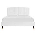 Modway Alessi Performance Velvet Queen Platform Bed with Wood Legs and Gold Metal Sleeves - White-Channel Tufted Headboard
