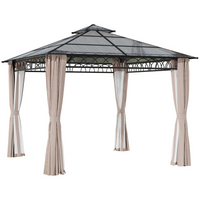 Outsunny 10 ft W x 10 ft L Double Roof Hardtop Gazebo with Nettings Curtains - Khaki-Spacious enough for your guests to feel free to move around