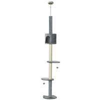 PawHut 4-Tier Floor-To-Ceiling Cat Tree with Scratching Post - Light Grey-Four-layer design, providing lots of space for cats to play and relax 
