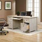 Sauder 65"W Edge Water Executive Desk - Chalked Chestnut-  Large drawer/shelf with metal runners and safety stops features flip-down panel for keyboard/mouse