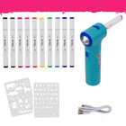 TPG Creations Aircolour Airbrush 14-Piece Kit with Markers & Stencils-Includes Everything You Need: The kit comes with a cordless airbrush device, 10 dual-ended washable markers, and 2 reusable stencils. Plus, it includes a charging cable for the airbrush, so kids can recharge and create over and over again without worrying about batteries or running out of power.