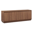 Hudson&Canal Presque TV Stand for TV's up to 75" - Satin Walnut-Features four beveled doors with enclosed cabinets and 4 shelves for ample storage