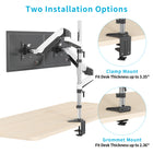 SHOPPINGALL Extra Long Vertically Stacked Dual Gas Spring Monitor Arm for 15”-32” Screens - SA-GA24L-White-[VERSATILE MOUNTING OPTIONS] Choose between C-clamp (max thickness 3.35"/85mm) or grommet installation (max thickness 2.36"/60mm) for secure and adaptable mounting on any workspace surface. The box includes all necessary components.