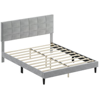 HOMCOM Queen Size Upholstered Platform Bed Frame with Headboard - Grey-Soft velvet-feel fabric with high-resilience foam for cozy comfort