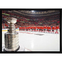 Chicago Blackhawks Stanley Cup in Foreground - Framed Canvas - 31" x 22"-Premium canvas print with gallery-wrapped edges