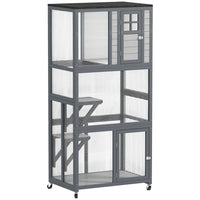 PawHut 36" L Outdoor Cat House Catio with Wheels and Asphalt Roof - Grey-Outdoor cat enclosure accommodates 1-3 cats up to 13lbs (6kg) 