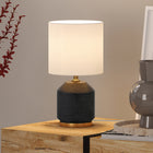 Hudson&Canal Esther 15" Tall Textured Ceramic Table Lamp with Fabric Shade - Matte Black/Antique Brass/White-Rated for one 40W E26-base incandescent bulb and LED equivalents, Bulb not included