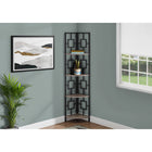 Monarch Specialties 3611 62"H Bookcase - Dark Taupe/Black Metal Corner Etagere-4 tier metal etagere bookcase with evenly-spaced, fan-shaped shelves in a wood look dark taupe