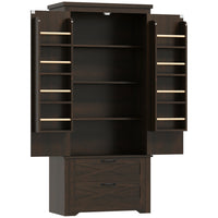 HOMCOM 64" H Kitchen Pantry Cabinet with Doors and Drawers - Brown-Distressed dark brown pantry with barn doors and black accents exudes farmhouse charm 