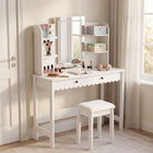 Modway Emmeline Scalloped Makeup Vanity Desk With LED Mirror and Stool - White/Ivory-Open Side Shelves