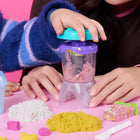 Kinetic Sand Smoothie Mixer Playset-Experience real blending action: Mold fruits & toppings on the lid, drop ingredients into the jar  & mix; "pour" into the smoothie cup & layer coloured sand to create smoothies & popsicles