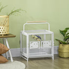 PawHut Metal Bird Travel Carrier Cage with Stand Perch, Stainless Steel Bowls and Pull Out Tray - White-There are wooden perches inside and on top for your birds to rest 