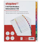 Staples Pre-Printed Index Dividers - 1-12 - Coloured-Tab dividers are numbered 1 through 12 to keep documents organized