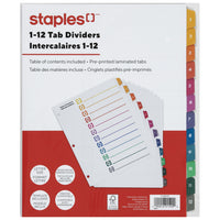 Staples Pre-Printed Index Dividers - 1-12 - Coloured-Tab dividers are numbered 1 through 12 to keep documents organized