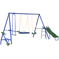 Outsunny 5 in 1 Metal Swing Set with Saucer Swing, Slide, Seesaw, Glider, Swing Seat, Ladder - Multicoloured-Including multiple play options . 