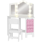 Qaba Kids Vanity Table & Chair Set with Lights & Tri-Fold Mirror - White-Equipped with 10 LED bulbs offering two light effects
