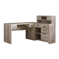 Monarch Specialties 7429 Computer Desk - Taupe Reclaimed Wood L/R Facing Corner-This modern L shape computer desk with storage and a hutch features thick-panel construction in a reclaimed wood-look taupe beige laminate finish.