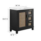 Modway Dixie 36" Solid Wood Bathroom Vanity Cabinet - Black/White-Open Weave Rattan Detail