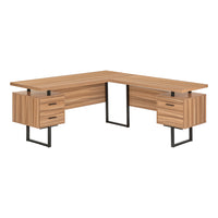 Monarch Specialties 7612 70" Computer Desk - Reclaimed Wood/Black Metal/L/R-L-shaped computer desk with 3 storage drawers featuring thick-panel construction in a light reclaimed wood-look finish and 3 sturdy metal legs in a black finish