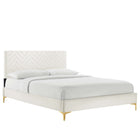 Modway Leah Chevron Tufted Performance Velvet Twin Platform Bed with Gold Metal Legs and Foot Caps - White-Wood Slat Support System