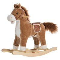 Qaba Kids Plush Rocking Horse with Sounds and Wooden Rockers - Brown-Traditional rocking toy with a fun horse design 