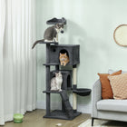 PawHut 63" Cat Tree with Sisal Scratching Posts and Condos - Dark Grey-Top cat-ear perch with a dangling ball offers a playful lookout 