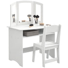 Qaba Kids Vanity and Dressing Table with Tri-Folding Mirror, Stool and Storage Shelf - White-Mirror enhances viewing angles for makeup application 