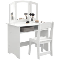 Qaba Kids Vanity and Dressing Table with Tri-Folding Mirror, Stool and Storage Shelf - White-Mirror enhances viewing angles for makeup application 