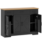 HOMCOM 47" Farmhouse Sideboard Buffet Cabinet with Soft-Close Hinges & Spice Racks - Black Wood Grain-Two-tone farmhouse design with barn doors adds rustic charm to your home
