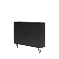 Nexera Slim 2-Door Storage Accent Cabinet - Floating And Wall Mount Bar - Black-With its shallow depth, this piece of furniture, enhanced by its hairpin legs, offers discreet storage space on two internal shelves behind its double MDF doors with geometrically patterned textured lacquer finish