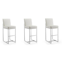 Manhattan Comfort Element 16.34" Modern Faux Leather Upholstered Bar Stool - Pearl White and Polished Chrome - 3 Pack-Modern Barstool with Backseat Perfect for Bar and Kitchen Use. Set of 3