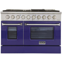 Kucht 48" KNG Series Pro Style Propane Gas Range - Stainless Steel/Blue-Cook and bake like a pro with two separate ovens featuring large oven windows. The main oven is a heavy-duty blue porcelain oven with 4.2-cu-ft of capacity, while the additional side oven has 2.5-cu-ft of capacity