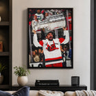 Frameworth Seth Jarvis 20" H x 29" W Framed Canvas Carolina Hurricanes 2026 Stanley Cup Champions Framed Canvas - Officially Licensed NHL/NHLPA-Professionally framed in Canada: The image is printed on high-quality art canvas, professionally stretched, and presented in a premium black frame