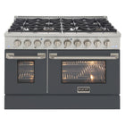 Kucht 48" KNG Series Pro Style Propane Gas Range - Stainless Steel/Cement Grey-This professional-class range features two 20,000-BTU dual burners with simmer, two 12,000-BTU burners, two 9,000-BTU burners, and two 6,000-BTU burners