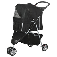 PawHut Deluxe 3-Wheel Pet Stroller with Brake, Canopy and Cupholders - Black-Lightweight, foldable design simplifies storage and transport 