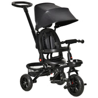Qaba 4-in-1 Baby Tricycle Trike with Reversible Adjustable Seat - Black-4 in 1 design with detachable parent push handle, canopy, and guardrail 
