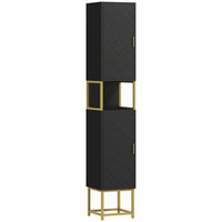 Kleankin 67" Tall Freestanding Bathroom Linen Tower Cabinet - Black-Diamond chevron pattern with golden base enhances home aesthetics