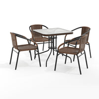 Flash Furniture 28" Square Glass Metal Table with Dark Brown Rattan Edging & 4 Dark Brown Rattan Stack Chairs-Table and Chair Set