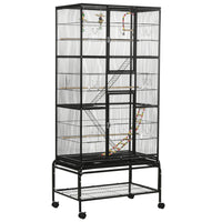 PawHut 71" H 3-Tier Large Bird Cage with Wheels, Perches, Ramp, Storage Shelf and Toys - Black-Spacious living area and 1 cm bar spacing, for finches, canaries, parakeets, budgies, cockatiel and more 