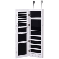 HOMCOM Mirror Jewelry Cabinet with LED Lights and 2 Keys - 14.5" L x 47.25" W x 4" H - White-Black lining inside the armoire to protect jewels from scratching 