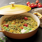 Tramontina Bestow 4 Qt Enameled Cast Iron Braiser with Lid - Sunrise with Stainless Steel Knob-Self-basting condensation ridges on lid uniformly collect and direct vapors onto food