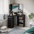 HOMCOM Corner Vanity Desk with Mirror - 43.7" L x 22.1" W x 55.6" H - Black-3-piece mirror offer a better view from multiple angles 