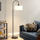 Hudson&Canal Veronica Arc Floor Lamp with Fabric Shade - Blackened Bronze/White-Rated for one 100W incandescent bulb - 9W LED bulb, 23W fluorescent (CFL) bulb, or 9W self-ballasted LED bulb, E26-base bulb, Bulb not included