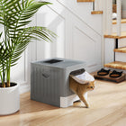 PawHut Foldable Cat Litter Box with Drawer Tray, Lid and Scoop - Grey-Two-way locking door helps train cats and reduce litter tracking 