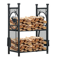 Outsunny 2-Tier Firewood Rack with 4 Tools and Hooks - Log Holder - Black-Keeps wood clean, dry, off the ground, and mess-free