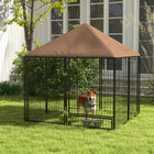 PawHut Outdoor Dog Kennel with Canopy and Rotating Bowls - 4.6' x 4.6' x 5' - Coffee-Small door with bowls attached flips around to make it quick and easy to feed and hydrate pup 